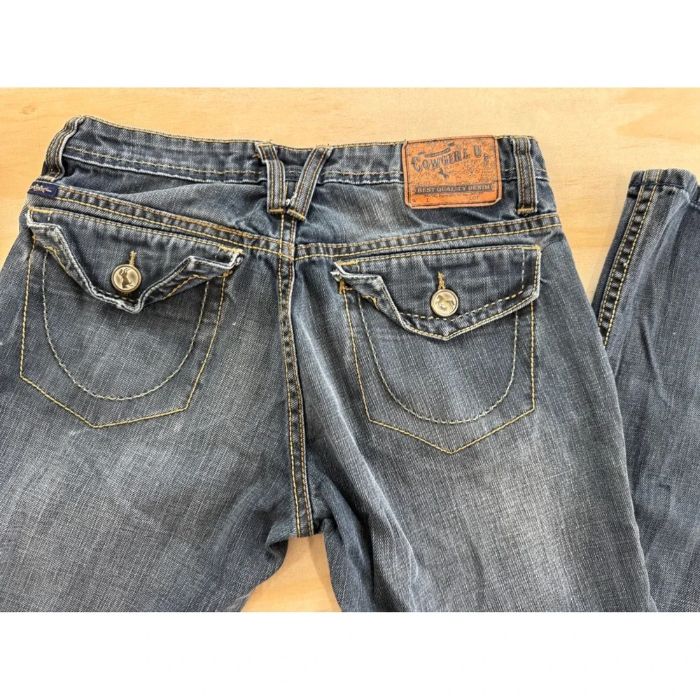 Cowgirl Up Bootcut Womens Jeans 2/27x34 Blue Denim  Leg Flap Pocket  Ranch Rodeo